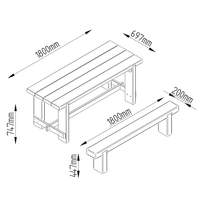 Forest Sleeper Bench & Refectory Wooden Garden Table Set 6'x2' (1.8x0.7m) Technical Drawing