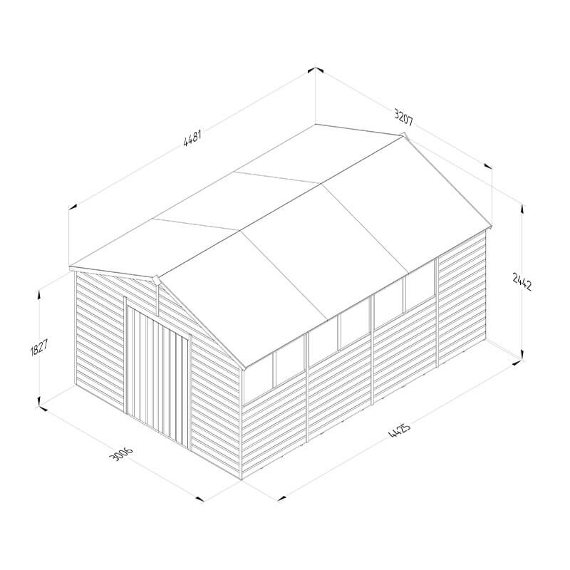 15' x 10' Forest Beckwood 25yr Guarantee Shiplap Pressure Treated Double Door Apex Wooden Shed (4.48m x 3.21m) Technical Drawing