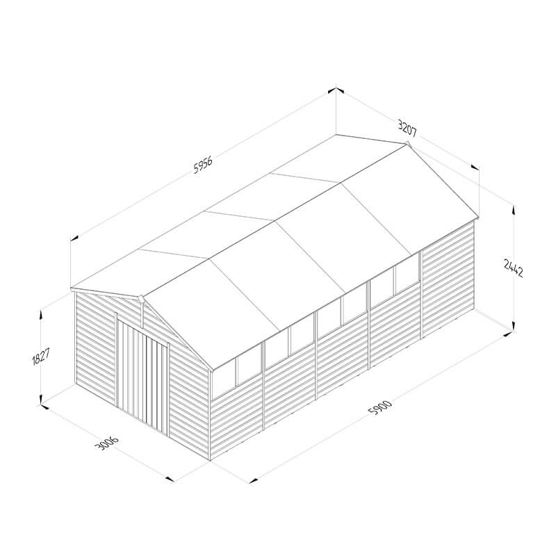 20' x 10' Forest Beckwood 25yr Guarantee Shiplap Pressure Treated Double Door Apex Wooden Shed (5.96m x 3.21m) Technical Drawing
