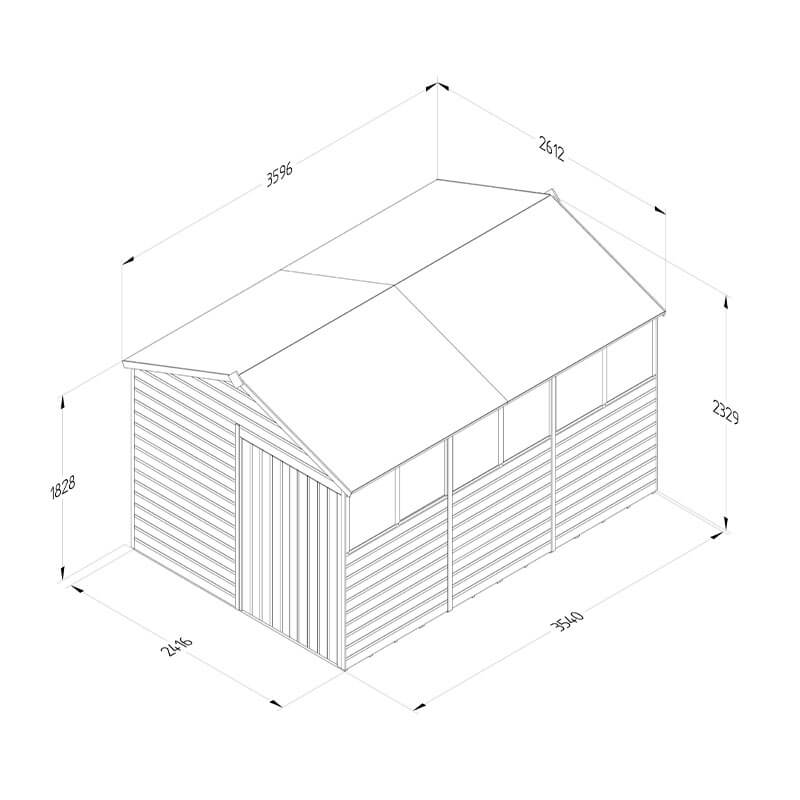 12' x 8' Forest Beckwood 25yr Guarantee Shiplap Pressure Treated Double Door Apex Wooden Shed (3.6m x 2.61m) Technical Drawing