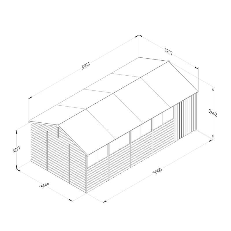 20' x 10' Forest Beckwood 25yr Guarantee Shiplap Pressure Treated Double Door Reverse Apex Wooden Shed (5.96m x 3.21m) Technical Drawing