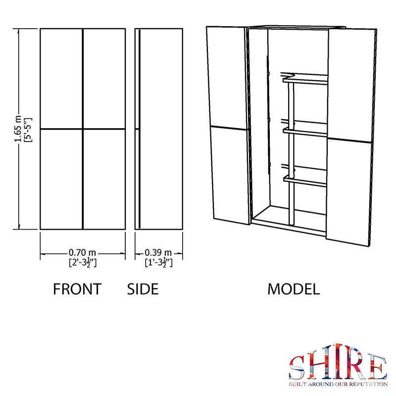 2'4 x 1'3 Shire Large Plastic Garden Storage Cupboard (0.73m x 0.39m) Technical Drawing