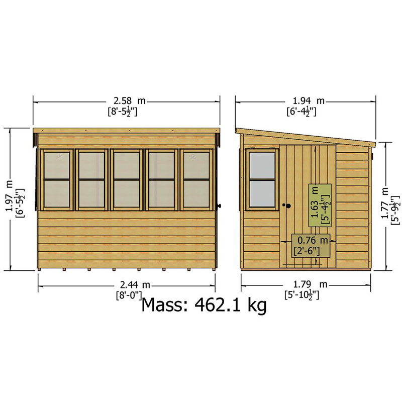 6' x 8' Shire Sun Pent Wooden Garden Potting Shed (1.94m x 2.58m) Technical Drawing