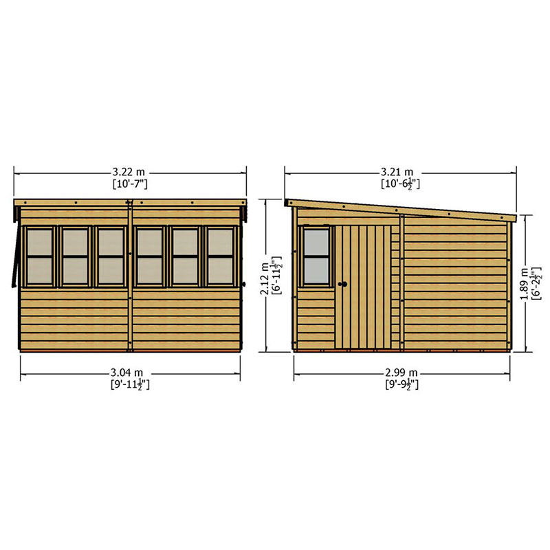 10' x 10' Shire Sun Pent Wooden Garden Potting Shed (3.22m x 3.21m) Technical Drawing