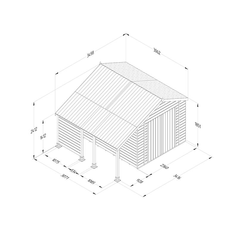 10' x 8' Forest Timberdale 25yr Guarantee Tongue & Groove Pressure Treated Windowless Double Door Apex Shed with Logstore (3.07m x 2.36m) Technical Drawing