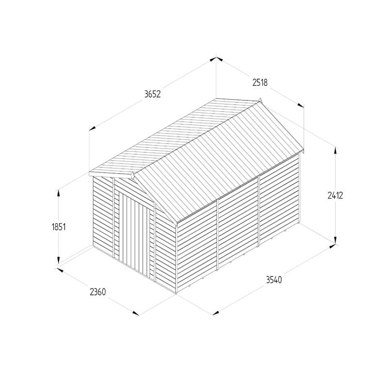 12' x 8' Forest Timberdale 25yr Guarantee Tongue & Groove Pressure Treated Windowless Apex Shed (3.65m x 2.52m) Technical Drawing