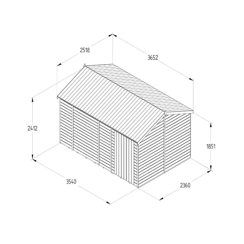 12' x 8' Forest Timberdale 25yr Guarantee Tongue & Groove Pressure Treated Windowless Reverse Apex Shed (3.65m x 2.52m) Technical Drawing