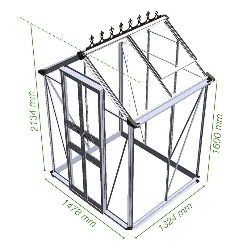 4' x 4' Halls Cotswold Birdlip Small Greenhouse in Green with Toughened Glass (1.47m x 1.32m) Technical Drawing