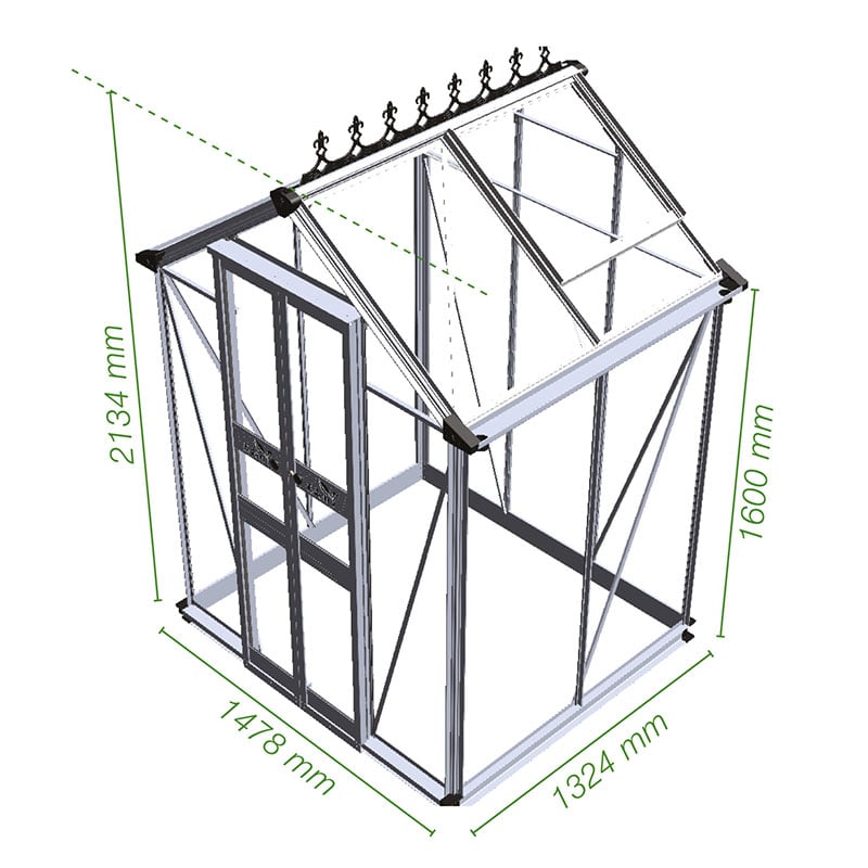 4' x 4' Halls Cotswold Birdlip Small Greenhouse in Black with Toughened Glass (1.47m x 1.32m) Technical Drawing
