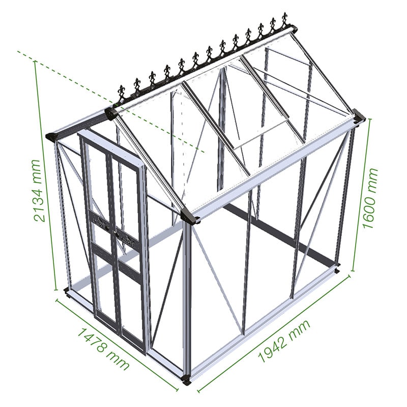 4' x 6' Halls Cotswold Birdlip Small Greenhouse in Green with Toughened Glass (1.47m x 1.94m) Technical Drawing