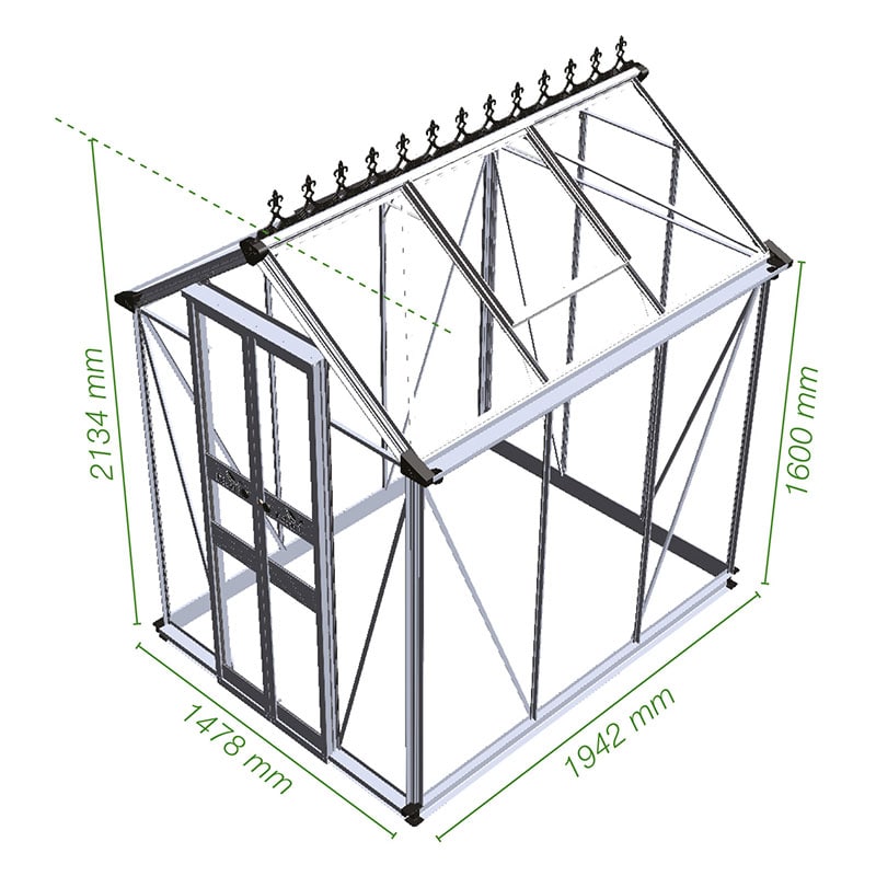 4' x 6' Halls Cotswold Birdlip Small Greenhouse in Black with Toughened Glass (1.47m x 1.94m) Technical Drawing