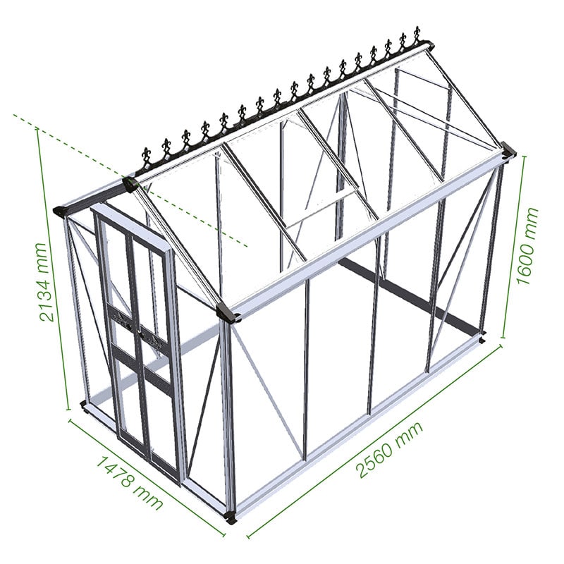 4' x 8' Halls Cotswold Birdlip Small Greenhouse in Green with Toughened Glass (1.47m x 2.56m) Technical Drawing