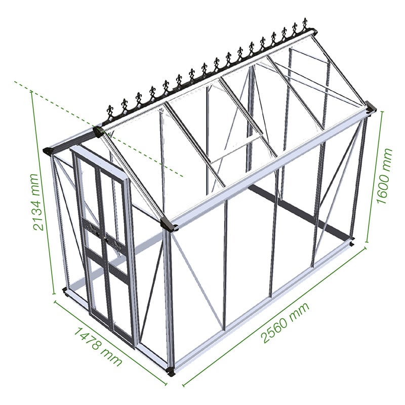 4' x 8' Halls Cotswold Birdlip Small Greenhouse in Black with Toughened Glass (1.47m x 2.56m) Technical Drawing