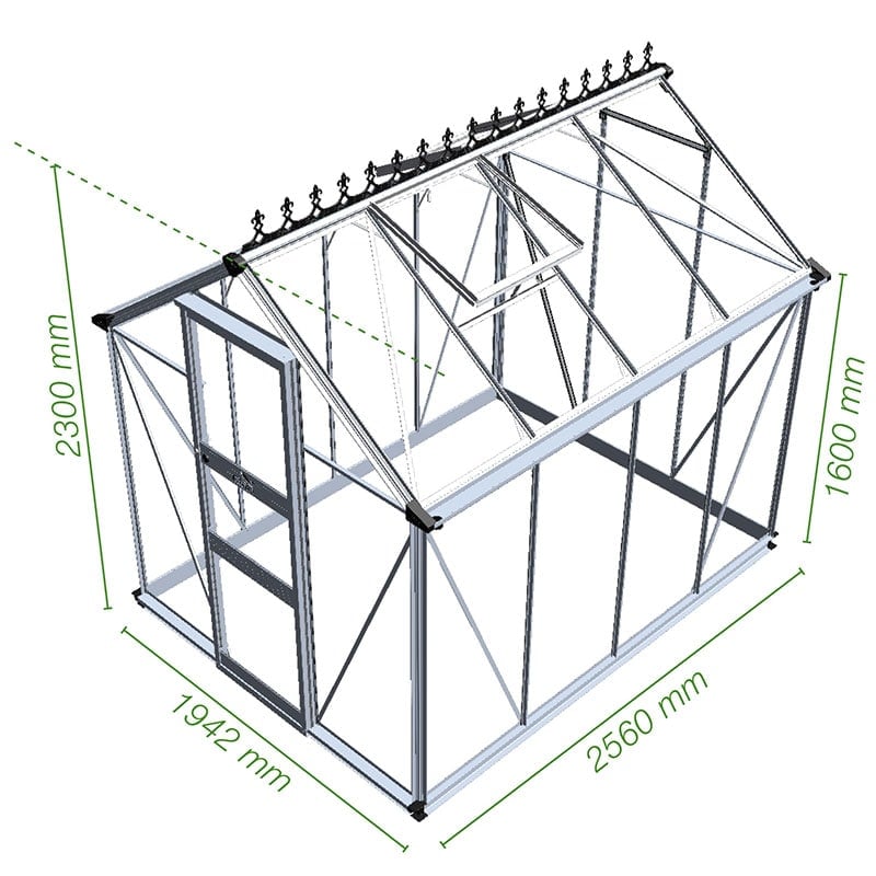6' x 8' Halls Cotswold Burford Small Greenhouse in Green with Toughened Glass (1.94m x 2.56m) Technical Drawing
