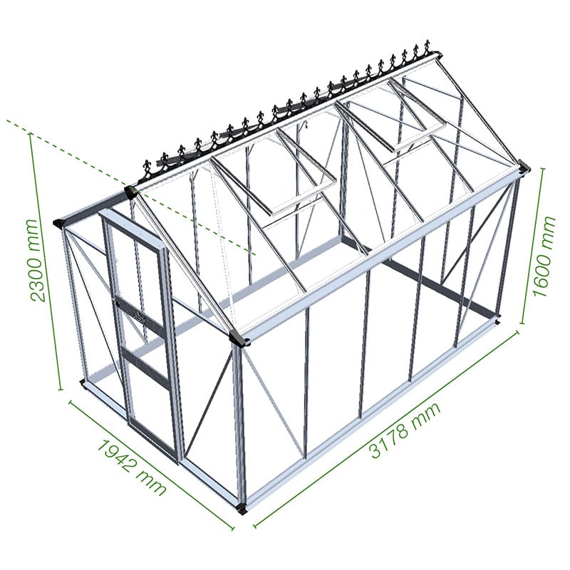 6' x 10' Halls Cotswold Burford Small Greenhouse with Toughened Glass (1.94m x 3.17m) Technical Drawing