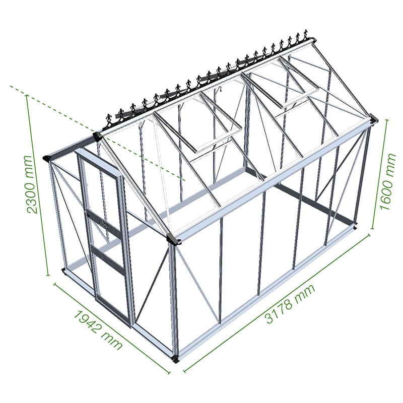 6' x 10' Halls Cotswold Burford Small Greenhouse in Green with Toughened Glass (1.94m x 3.17m) Technical Drawing