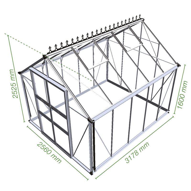 8' x 10' Halls Cotswold Blockley Greenhouse with Toughened Glass (2.56m x 3.17m) Technical Drawing