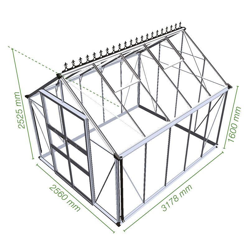 8' x 10' Halls Cotswold Blockley Greenhouse in Green with Toughened Glass (2.56m x 3.17m) Technical Drawing