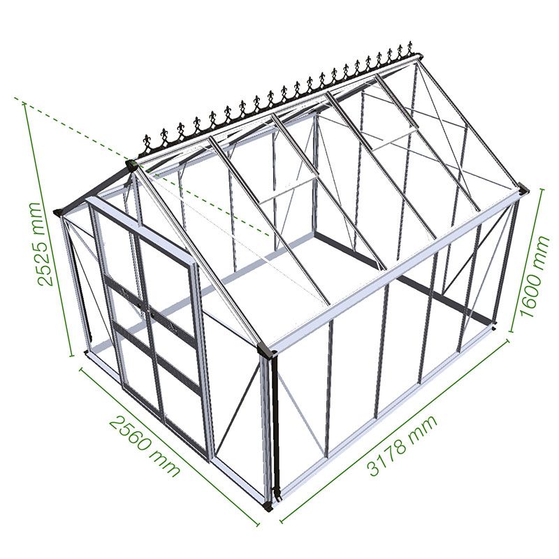 8' x 10' Halls Cotswold Blockley Greenhouse in Black with Toughened Glass (2.56m x 3.17m) Technical Drawing