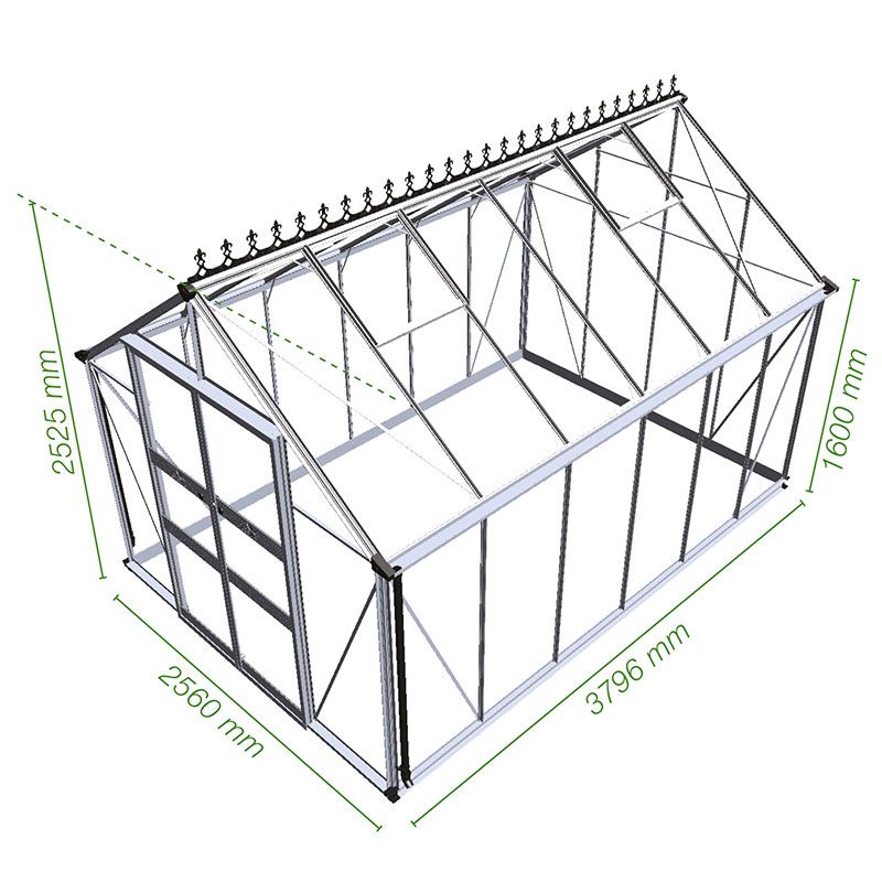 8' x 12' Halls Cotswold Blockley Greenhouse with Toughened Glass (2.56m x 3.79m) Technical Drawing