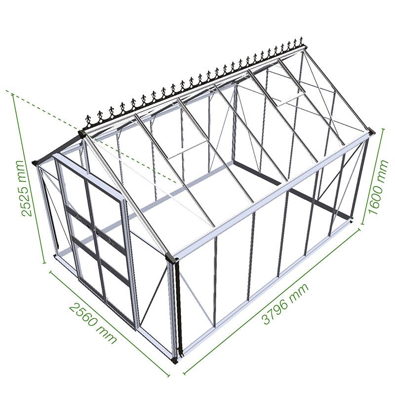 8' x 12' Halls Cotswold Blockley Greenhouse in Green with Toughened Glass (2.56m x 3.79m) Technical Drawing