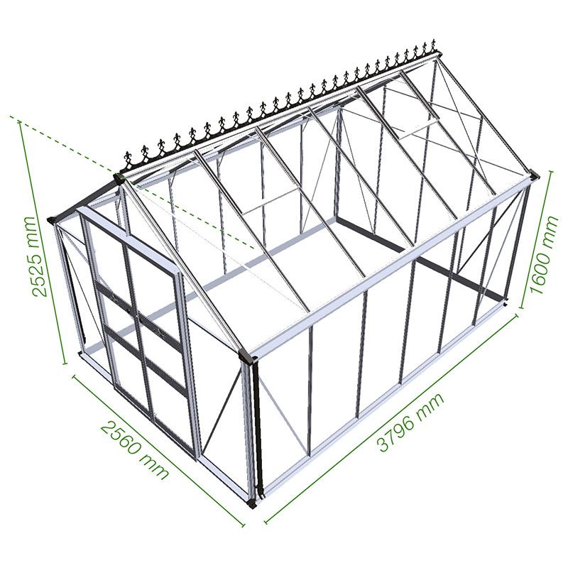 8' x 12' Halls Cotswold Blockley Greenhouse in Black with Toughened Glass (2.56m x 3.79m) Technical Drawing