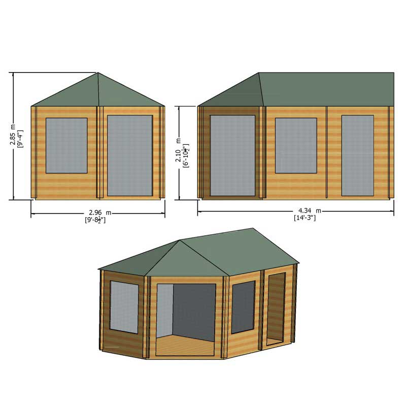 Shire Villandry 4.3m x 3m Corner Log Cabin Summer House (28mm) Technical Drawing