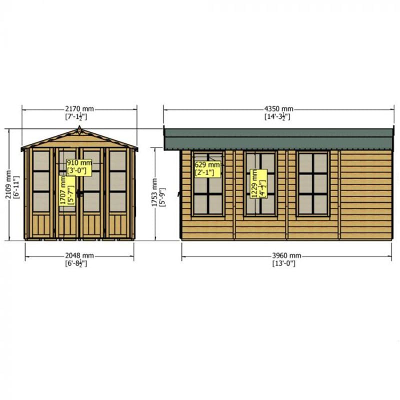 7' x 13' Shire Westminster Summer House (2.1m x 4.2m) Technical Drawing