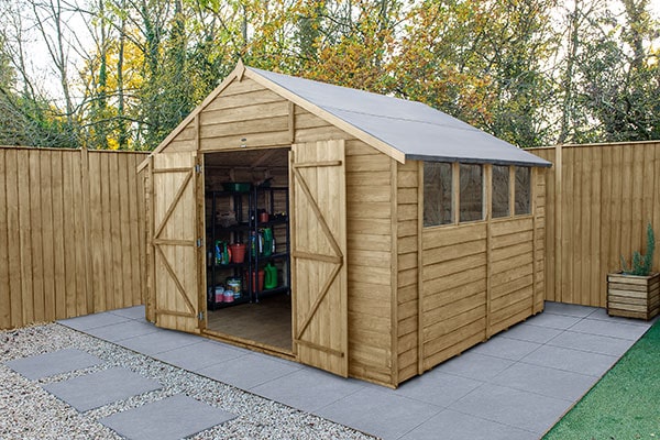 a 10x10 wooden shed with 4 windows and open double doors