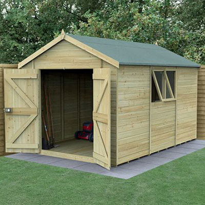 a premium wooden shed with double doors and 2 windows