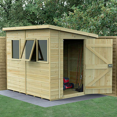 an 8x6 pent shed with 3 opening windows