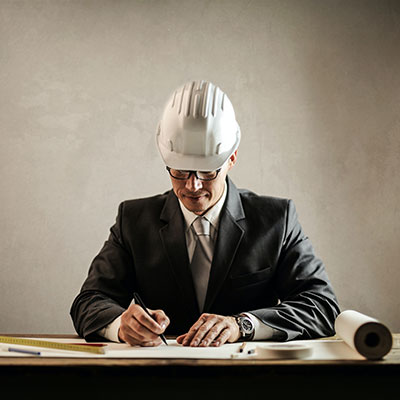 an architect, dressed in a suit and hard hat, sat at a desk