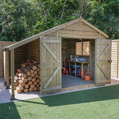 a pressure-treated T&G shed with logstore