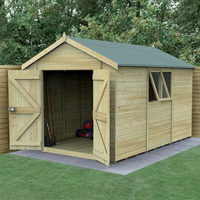 a tongue and groove wooden shed with double doors and 2 windows