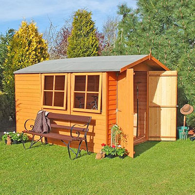 a 10x7 overlap wooden shed with double doors and 2 windows