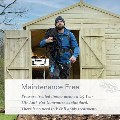a man walking out of a maintenance-free shiplap wooden shed