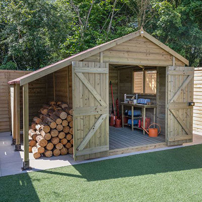 10x8 Forest Premium Tongue & Groove Pressure Treated Double Door Apex Shed with Logstore