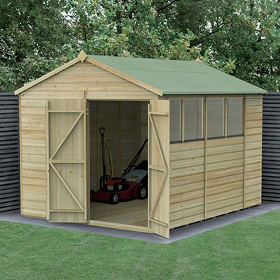 a 10x8 wooden shed with double doors and 4 windows