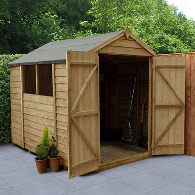 a high-quality 8x6 overlap wooden shed with double doors and 2 windows