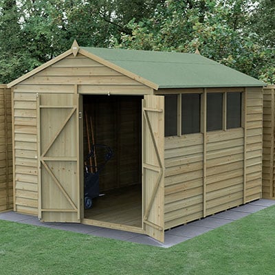 a 10x8 wooden shed with double doors and 4 windows