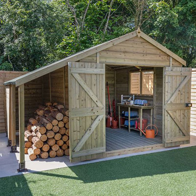 a 10x8 premium wooden shed with logstore