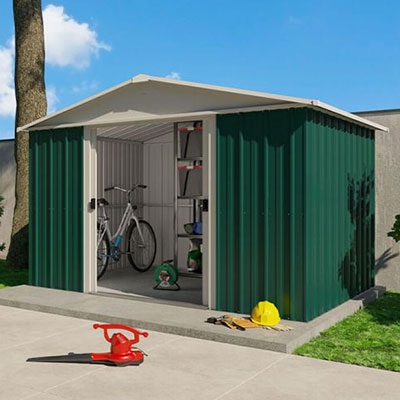 a 10x8 green metal shed with apex roof and sliding doors