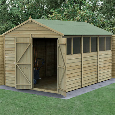 a 12x8 wooden garden shed with double doors and 6 windows