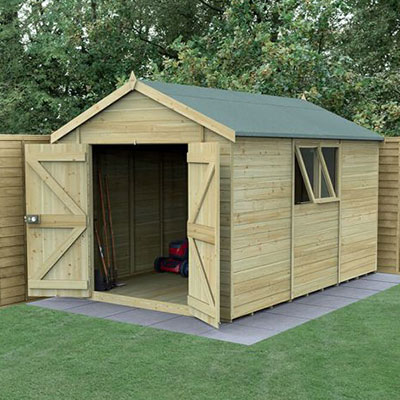 a 12x8 tongue and groove wooden shed with double doors and 2 windows