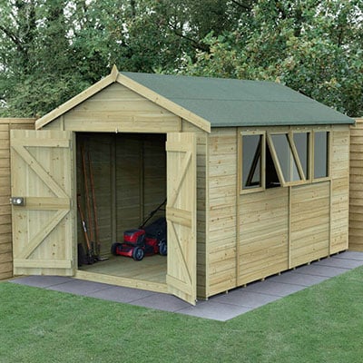 a 12x8 tongue and groove shed with double doors and 4 windows