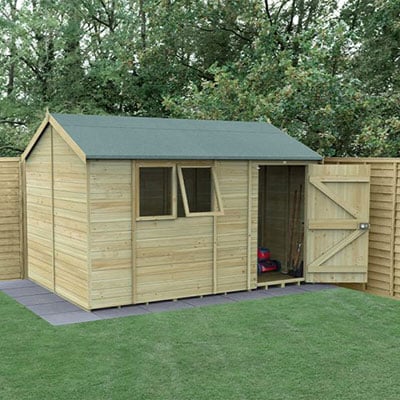 a reverse apex wooden shed with 2 opening windows