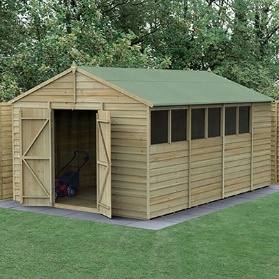 a 15x10 wooden shed with apex roof, double doors and 6 windows