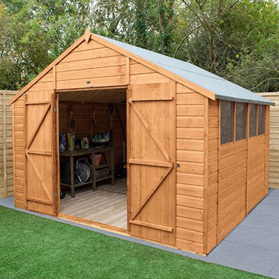 a 10x10 dip-treated wooden shed with double doors