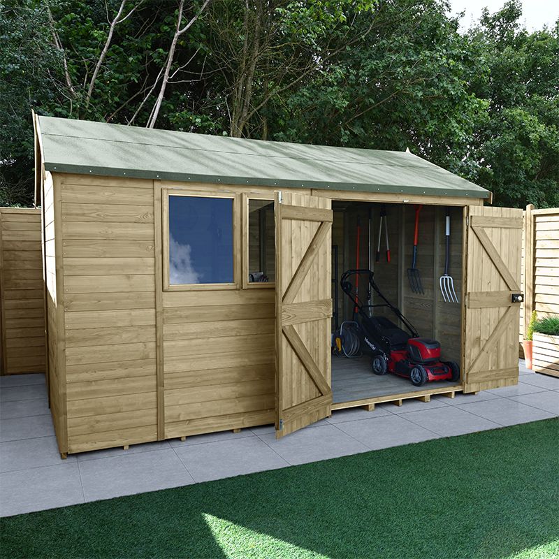 large wooden shed with double doors and two windows featuring a reverse apex shed build