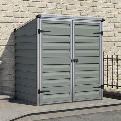a grey plastic storage shed with wide double doors